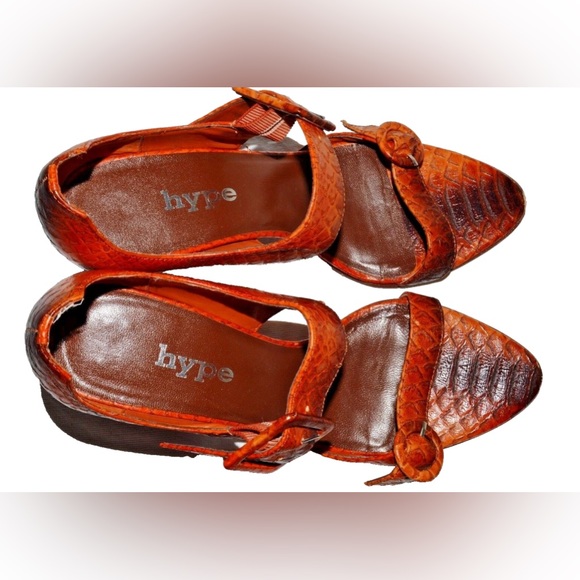 HYPE PARADE SZ 7 M ORANGE SNAKE PRINT LEATHER SANDALS STILETTO HEELS - Picture 3 of 5